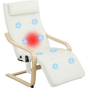 HOMCOM Poltrona Relax Riscaldante e Massaggiante a 8 Punti con Poggiapiedi Regolabile e Telecomando, Poltrona per Salotto in Legno di Betulla e Tessuto Effetto Lino, Crema e color Legno