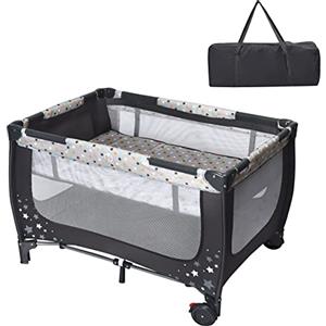 LIFEZEAL Culla da Campeggio con Materasso, Lettino da Viaggio in Tessuto Oxford con Ruote, Rete Traspirante e Borsa, Lettino da Campeggio per Bambini Fino a 3 Anni (Grigio)
