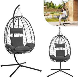 Laneetal Sedia Sospesa a Uovo con Supporto, Poltrona Sospesa con Cuscino e Poggiatesta, Portata 150 kg, Rattan PE, Struttura in Metallo, per Giardino Patio Balcone Terrazza, Grigio Scuro