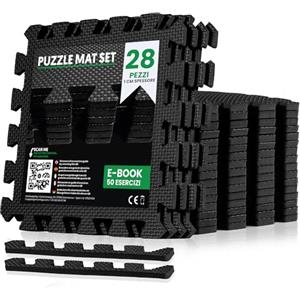 unycos - Tappeto da Fitness a Puzzle【28 Tappetini】Tatami Antiscivolo, Pavimento Protettivo Incastro Palestra in Schiuma EVA, Materassino per Home Gym | Include E-Book, 30x30x1 cm (Nero)