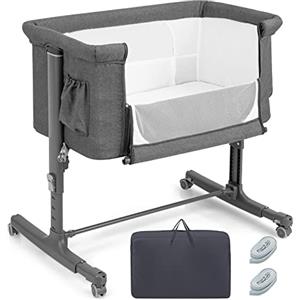 COSTWAY Culla Neonato Fianco Letto 3 in 1, Lettino Dondolo Neonati con Materasso, Culla da Campeggio con Ruote e Borsa, Regolabile In Altezza, Inclinazione di 10°, per Bambini 0-6 Mesi (Grigio Scuro)