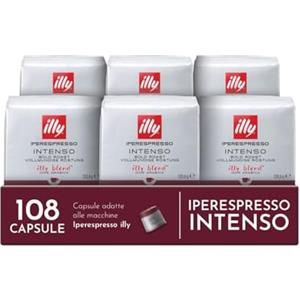 illy, Caffè in Capsule Iperespresso INTENSO, 100% Arabica con Note di Cacao e Frutta Secca, Retrogusto Pieno e Corposo, 6 Confezioni da 18 (108 Capsule Totali)