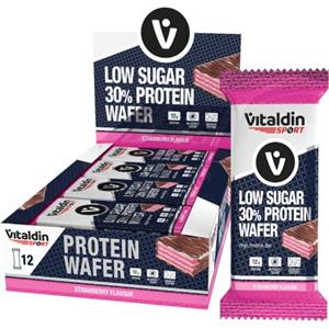 VITALDIN SPORT Low Sugar 30% Protein Wafer Fragola - 12 Barrette Proteiche x40 gr - Cioccolato Fondente - Lo Snack Perfetto Per I Tuoi Allenamenti - Merendine Ricche Di Proteine Vegane