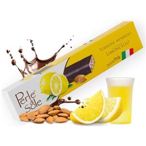 Perle di Sole - Torrone Morbido Fondente al Gusto di Limoncello, 150 gr. - Torrone Artigianale Italiano con Mandorle e Ricopertura di Cioccolato Fondente - Made in Italy