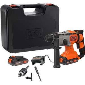 BLACK+DECKER Trapano a percussione SDS-Plus a batteria da 18V, batterie agli ioni di litio da 2,5Ah, potente forza d'urto da 1,2J, scatola del kit, BCD900E2K-QW