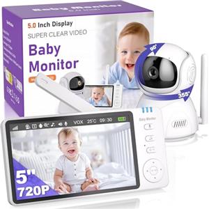 BURNNOVE Baby Monitor Video e Audio, 5 Pollici Baby Monitor con Videocamera 720P Visione Notturna VOX 2 Vie Audio Controllo Remoto PTZ 355° Monitor Temperatura, Senza Wi-Fi