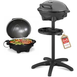 TZS First Austria - Barbecue elettrico 2 in 1 da tavolo & terra 2400W - BBQ con piedistallo per balcone e terrazza con coperchio e ripiano - Grill a sfera con termometro e vassoio raccogligrasso