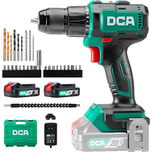 DCA Trapano a Percussione 20V Brushless, 55Nm, Mandrino in Metallo da 13mm, 18+1+1 Impostazioni di Coppia (0-450/1800RPM), Design Compatto con Batteria 2.0Ah*2 e Caricatore，ADJZ2055i