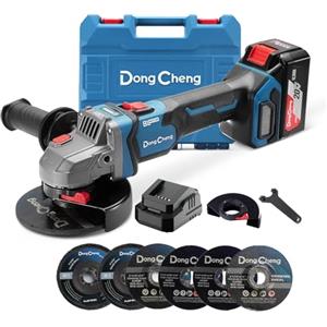 Dong Cheng DongCheng Smerigliatrice angolare a batteria 18V, Ø125mm, 1000W, Motore Senza Spazzole, 3 Velocità, Protezione Rapida, Manico Anti-Vibrazione, Incl. Dischi, Batteria 4.0Ah & Caricabatterie