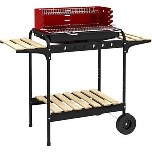 Outsunny Barbecue a Carbonella con Ruote e Griglia ad Altezza Regolabile, Barbecue da Giardino con 3 Ripiani e Vassoio per Cenere, in Metallo e Legno di Pino, 103x47x95 cm, Rosso