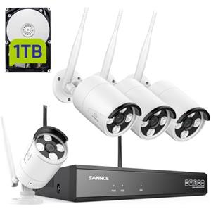 SANNCE outdoor, Kit Videosorveglianza WiFi Super HD 5MP NVR 8 Canali con 1TB HDD 4 Wireless Telecamera IP 3MP Intelligenti Microfono AI Rilevazione Umana Sistema di Sorveglianza Eseterno IP66-1TB HDD