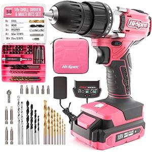 Hi-Spec Trapano Avvitatore Batteria 18V, Set Attrezzi da Lavoro Completo Rosa per Casa e Fai da Te, Forare e Avvitare Velocemente, 58 Pezzi in Valigetta