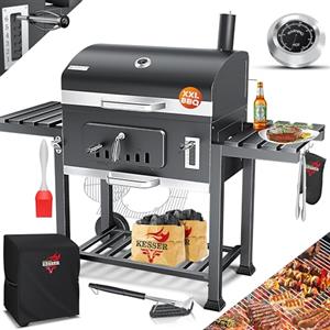 KESSER® Barbecue BBQ Smoker XXL Barbecue a carbonella con coperchio, ruote, manico in acciaio inox, termometro, griglia, spazzola, cofano, 8 spiedini con custodia e pennello in silicone, griglia a