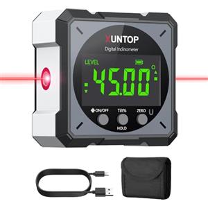 XUNTOP 4 * 90° Inclinometro Digitale Ricaricabile con Laser Bilaterale IP54 Schermo LCD Misuratore d'angolo Digitale con 4 Lati Magnetici Livella a Bolla Grigia per Costruzione Decorazione DIY-Grigio