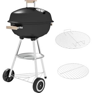 Outsunny Barbecue a Carbonella con Griglia in Metallo, Barbecue da Giardino con Coperchio, Prese d'Aria, Ruote, Raccogli Cenere, Ripiano e Maniglia in Legno, 48x56x94 cm, Nero