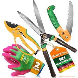 GRÜNTEK Idea regalo Giardinaggio Uomo Donna Utensili da Giardinoi: Forbici da Giardinaggio a Cricchetto, Cesoie da Siepe, Sega da Potatura Pieghevole, 2 Paia Guanti da Lavoro L/9 in Bambü.