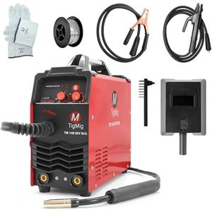 TIGMIG Saldatrice Inverter DC MIG/MAG (Con o Senza Gas) + MMA, TM140INVMIG, 140 AMP, Inverter IGBT (INCLUSI Bobina Filo Animato + Guanti + Maschera + Martello + Spazzola + Torcia) GARANZIA ITALIA