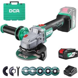 DCA Smerigliatrice Angolare a Batteria Brushless 20V, Ø125mm, incl. Batteria 4.0Ah & Caricabatterie Rapido, 8500 giri/min. con Coperchio a Sgancio Rapido, 6 Dischi per Taglio, Smerigliatura