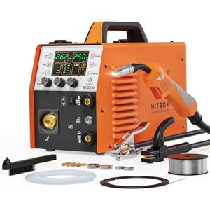 HITBOX Saldatrice MIG 6 in 1 250A 230V Digitale con Display LED, Gas/Gasless, Filo Animato e Pieno, MIG/ARC/Lift TIG Inverter, Supporta Spool Gun, Saldatura Alluminio (MIG250)