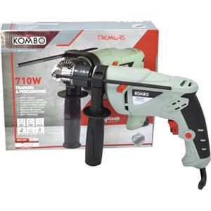 KOMBO - Trapano Elettrico a Percussione 710W, Mandrino 13 mm, Regolazione Elettronica 0-3000 giri/min, Impugnatura Laterale e Tasto Lock - Per Forature su Legno Ø25 mm, Ferro Ø15 mm, Muro Ø15 mm