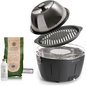 Classe Italy | Barbecue senza Fumo a Carbonella con Coperchio e Griglia in Ghisa. Da Balcone, Portatile. Include Batteria Ricaricabile, Carbone e Gel per accensione. PRO Nero Antracite