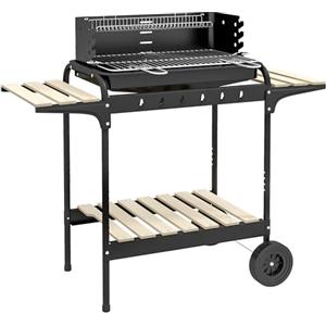 Outsunny Barbecue a Carbonella con Ruote e Griglia ad Altezza Regolabile, Barbecue da Giardino con 3 Ripiani e Vassoio per Cenere, in Metallo e Legno di Pino, 103x47x95 cm, Nera