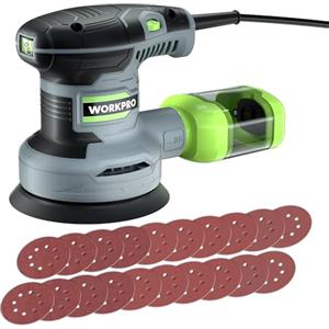 WORKPRO Orbitale 125mm, Rotorbitale 300W 7000-13000 OPM, Eccentrica con Aspirazione e Contenitore Polvere, 20 Pezzi Carta Abrasiva