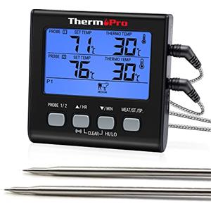 ThermoPro TP17B Termometro Per Carne, Digitale, a Doppia Sonda, Con Ampio Display LCD Retroilluminato, Termometro Da Cucina, Barbecue E Forno, Cucina, Affumicatore, Con Timer
