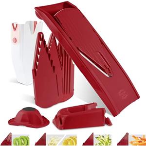 Börner Affettaverdure V1 (Set Professionale) - Mandolina a V con 4 Inserti, Portaverdure, Dockingstation & Box - Mandolina Regolabile - Per Fette, Strisce & Cubetti - Rosso