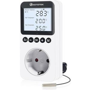 KETOTEK Presa Termostato Giorno/Notte con Retroilluminazione, Digitale Termostato Temporizzata con Spina e Presa Regolatore di Temperatura Timer per Rettili Terrario Incubatore Serra