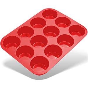 Belmalia Teglia per Muffin, Silicone, 33 x 25 x 3 cm, 12 Stampi, Rivestimento Antiaderente Cupcake Brownie Budino Rosso