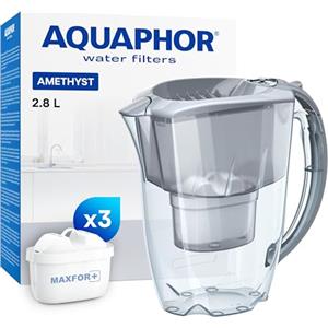 AQUAPHOR Amethyst Caraffa Filtrante per Acqua con 3 Cartucce MAXFOR+ 200L - 2,8L - Grigio