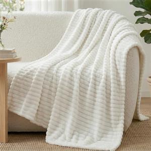 WAVVE Coperta Plaid Pile, Coperta Letto Singolo - Coperta di Flanella a Righe per Soggiorno, Letto, Coperta Divano Caldo Morbida, 130x150 cm, Lana Bianca