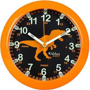 Kiddus Orologio da Parete Didattico per Bambini, Ragazzi. Analogico. Con Esercizi per Imparare a Leggere l'Ora. Movimento al Quarzo Silenzioso. ITALIANO DINO
