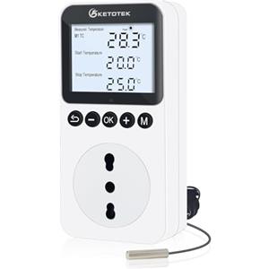 KETOTEK Presa Termostato Timer con Spina Tipo L con Retroilluminazione, Digitale Termostato Temporizzata con Sonda, Giorno/Notte Regolatore di Temperatura per Rettili Terrario Incubatore Serra