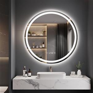 Dripex Rotondo Specchio da bagno con illuminazione 60cm Luce Specchio con Orologio Termometri Anti-Nebbia Led Specchio Bagno con 3 Temperature Colore e Dimmerabile Smart Touch IP44