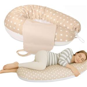 Baby Idea - Babysanity Cuscino Gravidanza per Dormire e Allattamento 2 Federe - Supporto per Neonato - Forma Ergonomica XXL - Sfoderabile e Lavabile 100% Cotone - Made in Italy (Stella Beige 2 Federe)