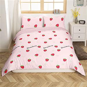 Loussiesd Set di biancheria da letto per ragazze Kawaii con stampa di fragole per bambini e adolescenti, con copripiumino a righe rosa, traspirante, per letto singolo, motivo: frutta