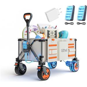 Litheli Carrello elettrico pieghevole per esterni, doppio motore con freni, portata 150 l, 60 kg, adatto per campeggio, giardino, spiaggia, shopping (beige)