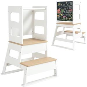 AIYAPLAY Torre Montessoriana Bambini 3-6 Anni con Lavagna e Ringhiera di Sicurezza, Scala Montessoriana per Bambini in MDF e Legno di Pino, per Bagno, Cucina e Toilette, Bianco e Color Legno