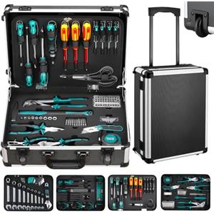 TLGREEN Set di attrezzi da 128 pezzi, con funzione trolley, cassetta degli attrezzi, cassetta degli attrezzi, cassetta degli attrezzi, portatile, per fai da te, maestri artigianali, officina