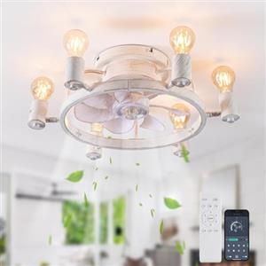 Ganeed Ventilatori da soffitto con luci e telecomando incasso a basso profilo da 52 cm Ventilatore industriale rustico da fattoria E27 per camera da letto Cucina Bianco 6 luci