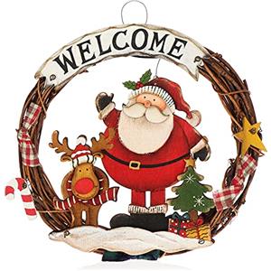 com-four® Ghirlanda di Natale Intrecciata - Ghirlanda per Porta "WELCOME" - Decorazione Natalizia da Appendere - Corona di Legno ca. Ø 25 cm (Babbo Natale-M)