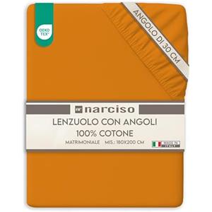 NARCISO Lenzuolo con Angoli Matrimoniale 100% Cotone (180x200 con Angolo di 30cm) Lenzuola Sotto con Angoli Matrimoniale Traspirante ed Anallergico, Biancheria da Letto Made in Italy (2P, Arancio)