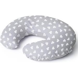 Niimo Cuscino allattamento Neonato + Federa 100% Cotone Sfoderabile e Lavabile con Zip a Scomparsa Facilita L'allattamento al seno o con il Biberon (Grigio-Cuori Bianchi)