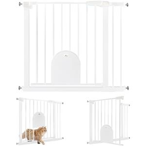 UISEBRT Griglia di protezione per scale, senza foratura, con porta per gatti, larghezza 85-95 cm, chiusura automatica, apertura con una sola mano, in metallo, colore: bianco, HAG1382B