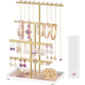 SONGMICS Portagioie, Porta Collane e Orecchini, Struttura in Metallo, Vassoio in Velluto, Espositore per Collane Bracciali Orecchini Anelli, Idea regalo, Oro Pallido JJS036AB01