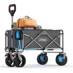 Litheli Carrello elettrico pieghevole, carrello a mano pieghevole con motore e freni, 100L 50KG adatto per campeggio, giardino, spiaggia, shopping (grigio, W1 Go senza batteria)