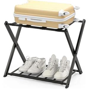 GIANTEX Sgabelli Reggivaligia, Portavaligia Pieghevole, Portata 70 kg, a 2 Ripiani, con Scarpiera, Struttura in Ferro, Multiuso Salvaspazio, Ideale per Viaggio e Hotel, 63,5x44x67 cm, Nero