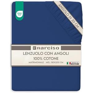NARCISO Lenzuolo con Angoli Matrimoniale 100% Cotone (180x200 con Angolo di 30cm) Lenzuola Sotto con Angoli Matrimoniale Traspirante ed Anallergico, Biancheria da Letto Made in Italy (2P, Blu)
